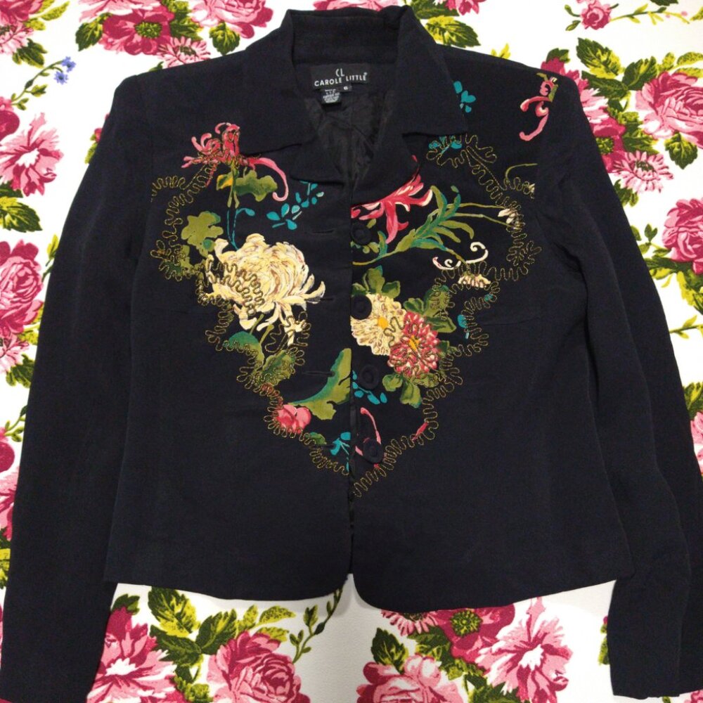 Vintage Carole Little Embroidered Jacket— Boho Floral— Black Rayon Blend